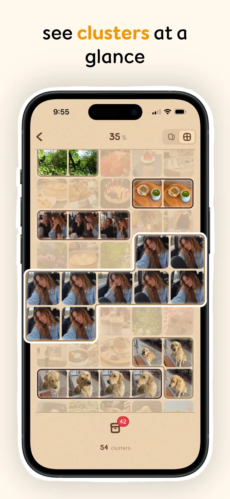See clusters of similar photos at a glance