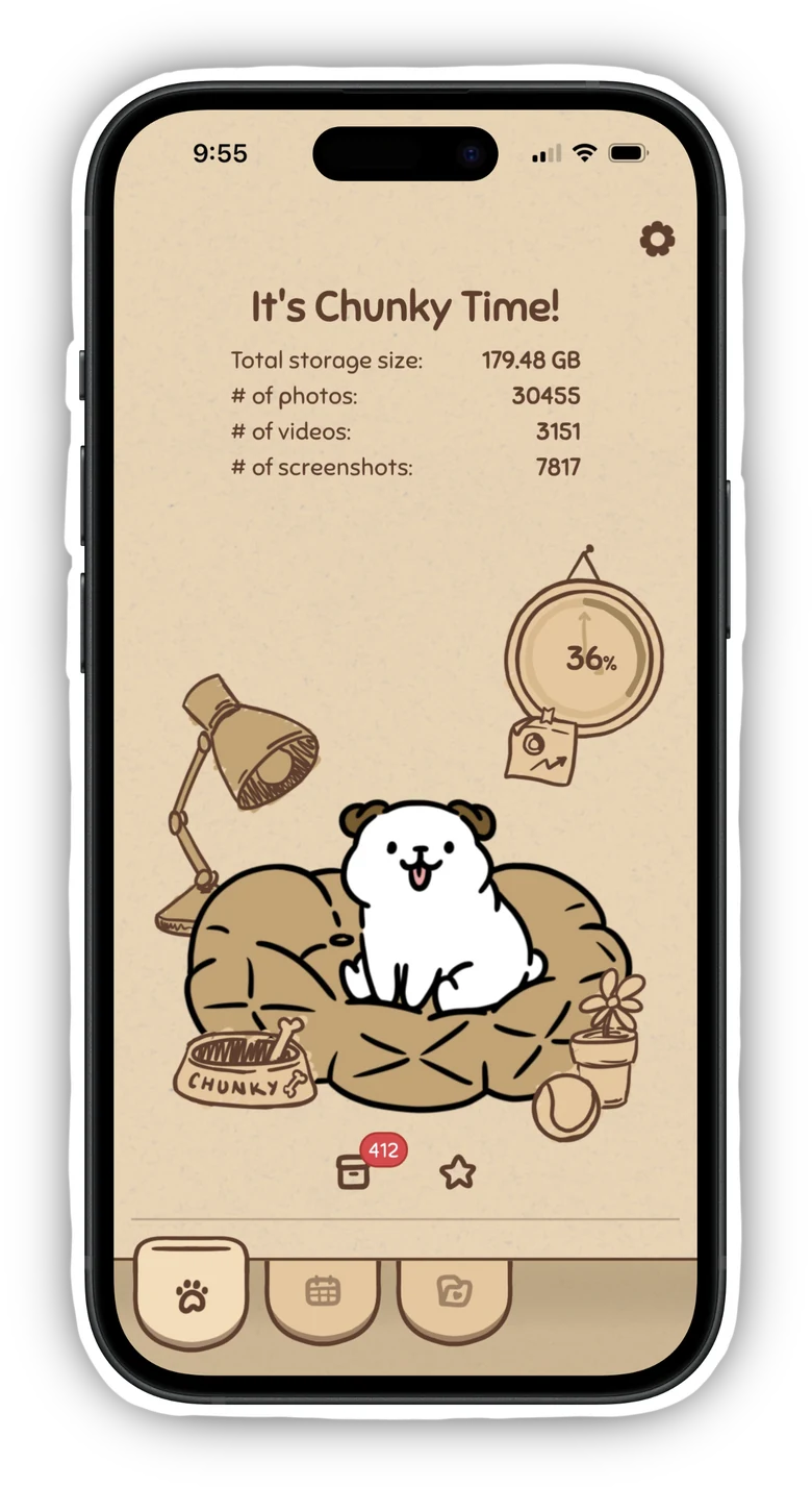 Chunky Time home screen: Chunky the dog on a cushion next to your library stats and cleanup progress